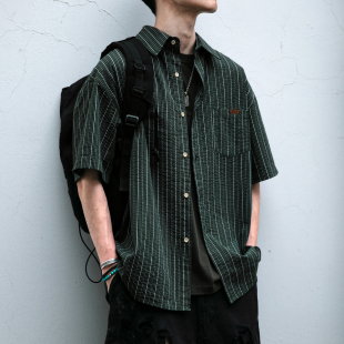 宽松肌理感纯棉衬衣情侣休闲百搭半袖 男夏季 衬衫 日系复古条纹短袖