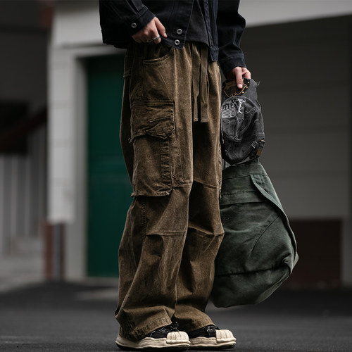 冬季新款霜染做旧水洗工艺质感工装裤男百搭宽松直筒大口袋伞兵裤