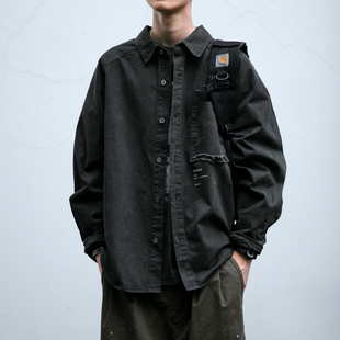 外套潮 质感纯棉翻领衬衣长袖 305G水洗磨破工艺牛仔衬衫 男春秋新款
