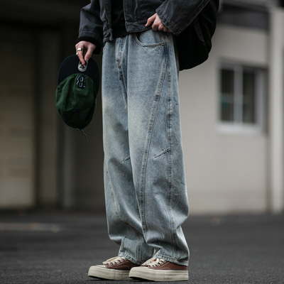 美式复古14盎司拼接水洗蓝微锥牛仔裤男潮牌宽松哈伦弯刀工装裤潮