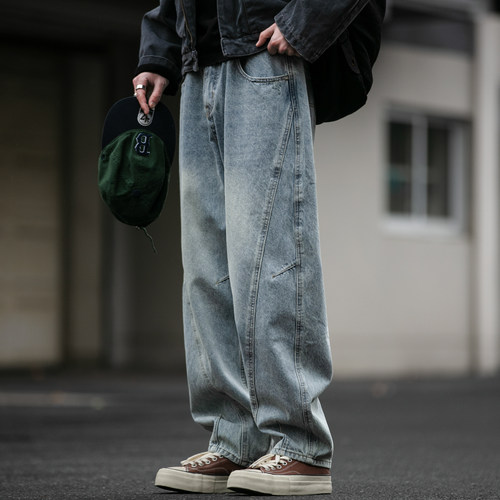 美式复古14盎司拼接水洗蓝微锥牛仔裤男潮牌宽松哈伦弯刀工装裤潮