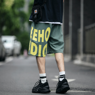 直筒中裤 街头嘻哈宽松五分裤 潮 男夏季 日系潮牌字母印花桃皮绒短裤