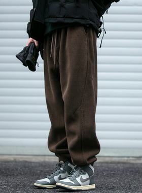 重磅复合奥粒绒紧致斜纹加绒裤子男冬季宽松保暖加厚束脚工装裤潮