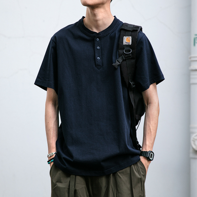 250g重磅纯棉亨利领短袖T恤男夏