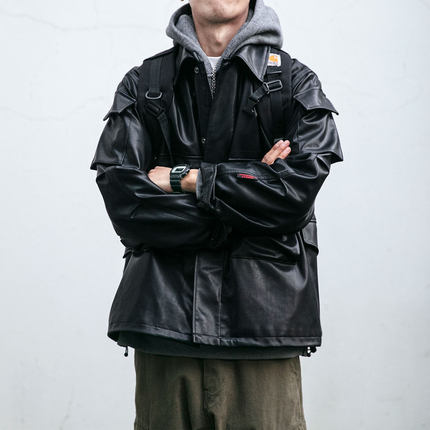 秋冬季复古潮牌男士机车皮衣宽松短款军工装多袋皮夹克外套情侣装