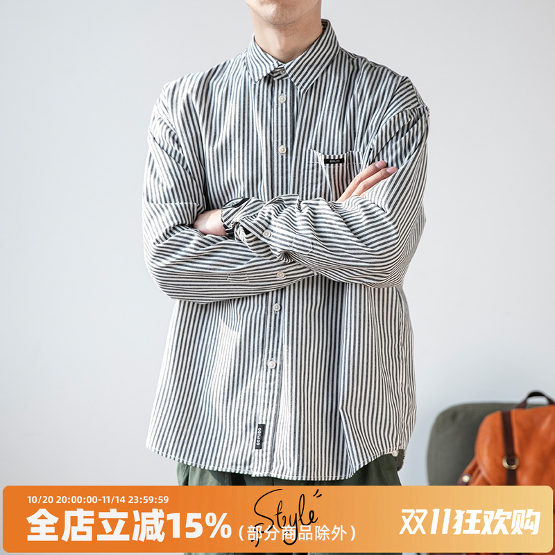 2024春季竖条纹衬衫男长袖日系学生衬衣宽松复古外套韩版潮流寸衫
