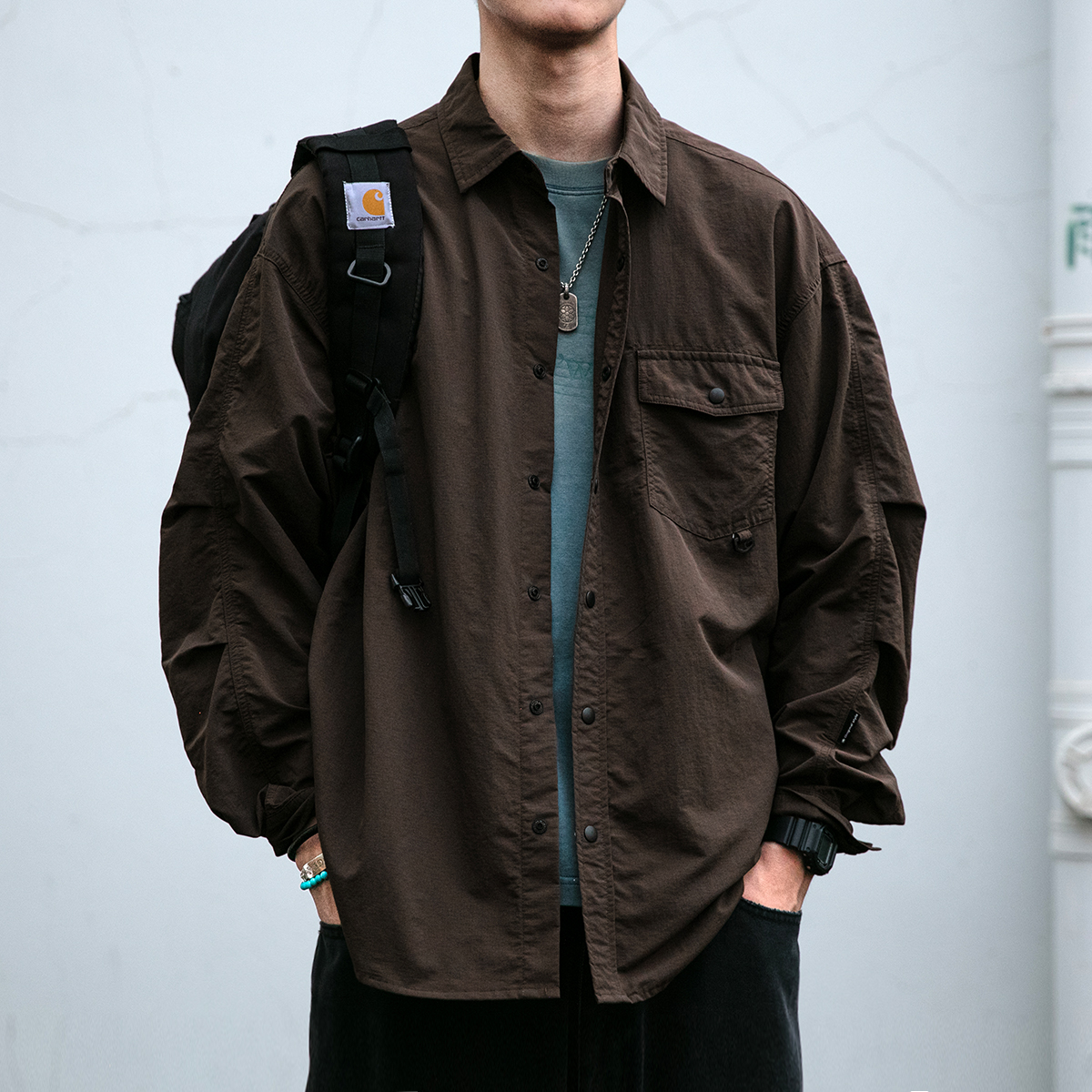 户外速干工装衬衫男纯色休闲衬衣