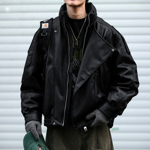 机车荔枝纹高订90白鸭绒皮衣羽绒服男冬季防风保暖立领外套潮牌