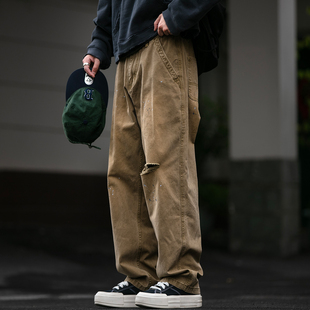 男春秋宽松挺阔质感直筒长裤 裤 复古重磅水洗做旧破洞喷漆工装 美式