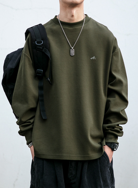 3D立体斜 复古日系300G重磅刺绣圆领长袖t恤男宽松情侣休闲卫衣潮