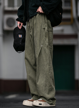380G春秋重磅水洗做旧工艺弯刀工装裤男宽松铆钉抽绳松紧休闲长裤