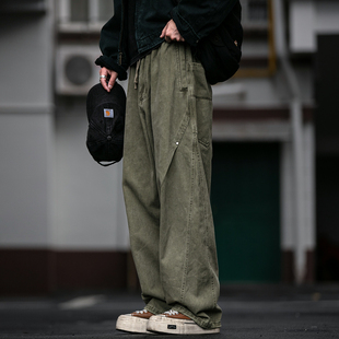男宽松铆钉抽绳松紧休闲长裤 380G春秋重磅水洗做旧工艺弯刀工装 裤