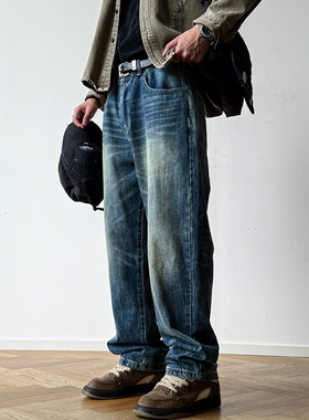 13OZ重工水洗做旧磨白蓝色牛仔裤男潮牌宽松基础宽松百搭直筒长裤