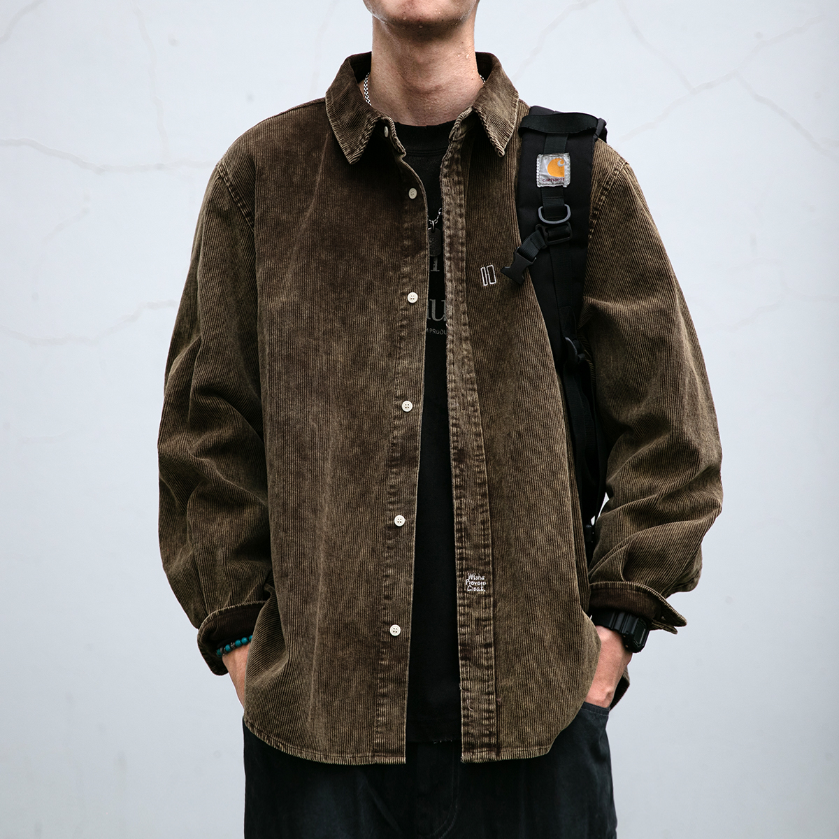 美式复古纯棉重磅水洗灯芯绒做旧衬衫外套男秋季基础款长袖衬衫潮