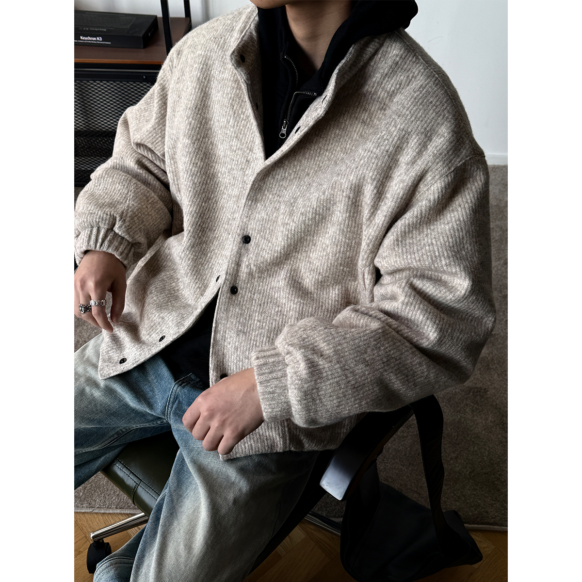 秋冬软糯羊毛混纺90白鸭绒针织羽绒服冬季男女保暖棒球服加厚外套