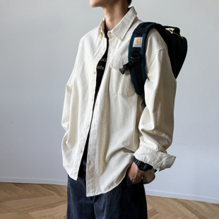 衬衫 复古水洗做旧米白工装 男春秋宽松斜纹质感衬衣 美式 彩色点缀