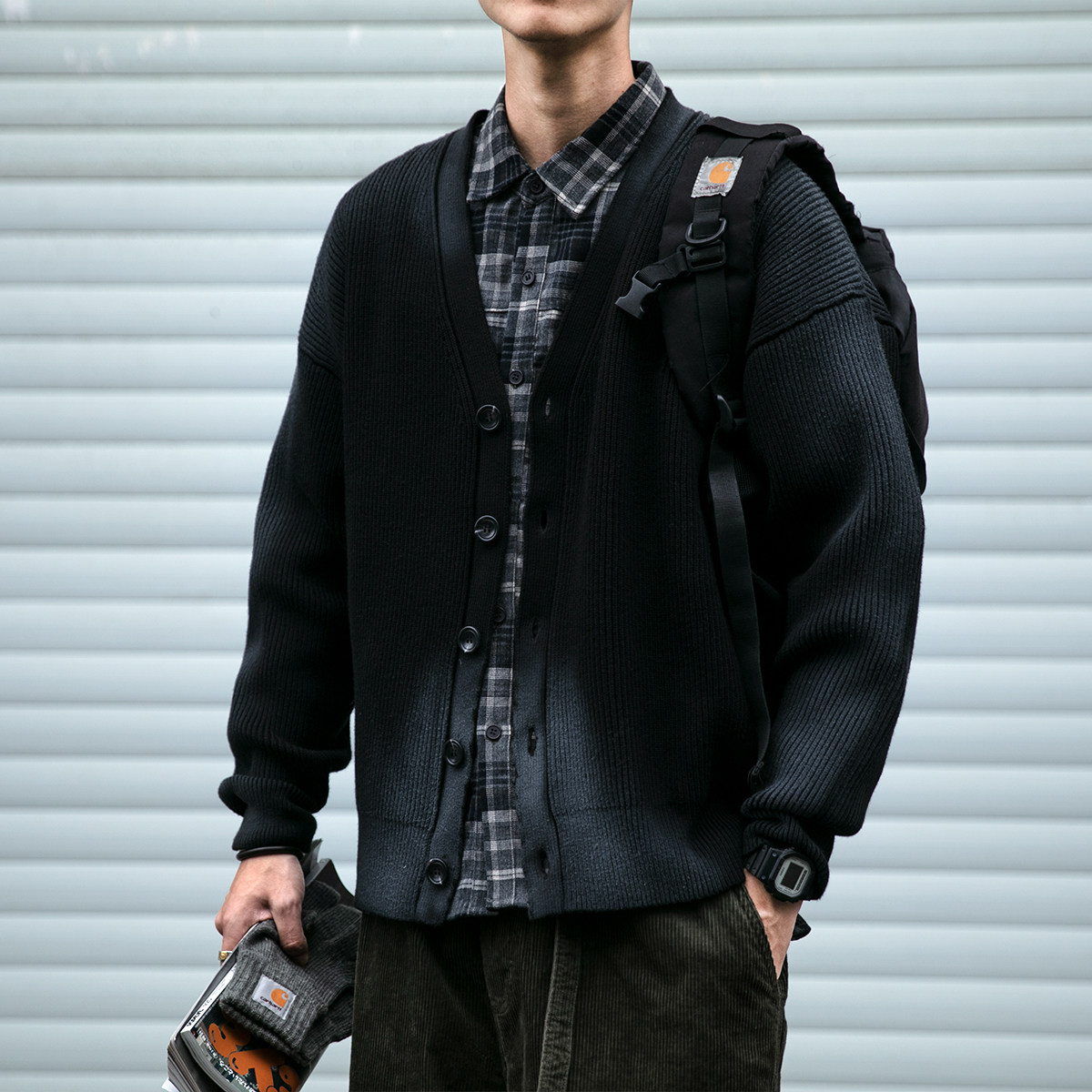 秋冬季脏喷渐变开衫毛衣男潮牌宽松单排扣肌理感V领宽松针织外套