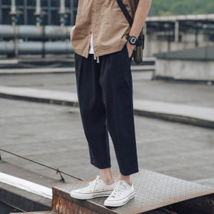 子男夏季 潮流百搭棉麻裤 薄款 韩版 潮 束脚休闲裤 日系复古亚麻九分裤