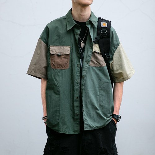 夏季功能性速干撞色设计感短袖衬衫男宽松户外轻薄透气翻领T恤潮