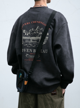 日系潮牌水洗做旧山系印花圆领卫衣男春秋新款宽松百搭套头上衣潮