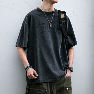 300克重磅水洗英文斑驳绣花T恤男夏季新款宽松质感纯棉短袖体恤潮