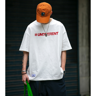 23SS日系休闲主题做旧标语印花宽松百搭圆领纯棉T恤衫半袖男短袖