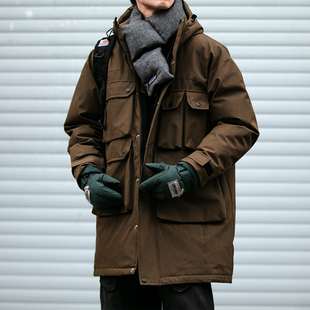 冬季中长款派克服连帽羽绒服大码复古色防风工装90白鸭绒外套潮牌