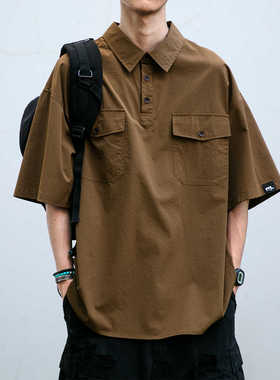 男潮翻领机能衬衣夏季休闲2024美式复古衬衫清凉透气轻薄短袖衬衫