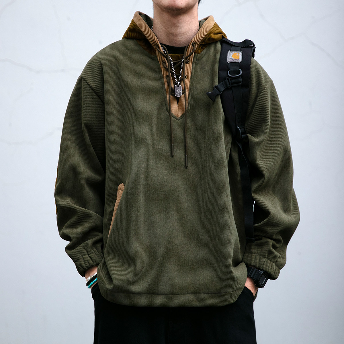 美式复古质感坑条灯芯绒撞色连帽卫衣男秋冬百搭挺括加厚外套潮牌,男装,卫衣,淘宝优惠券,粉丝福利购,淘宝优惠卷