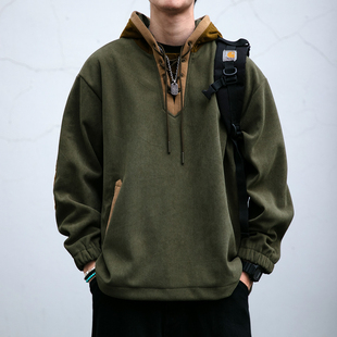 美式复古质感坑条灯芯绒撞色连帽卫衣男秋冬百搭挺括加厚外套潮牌