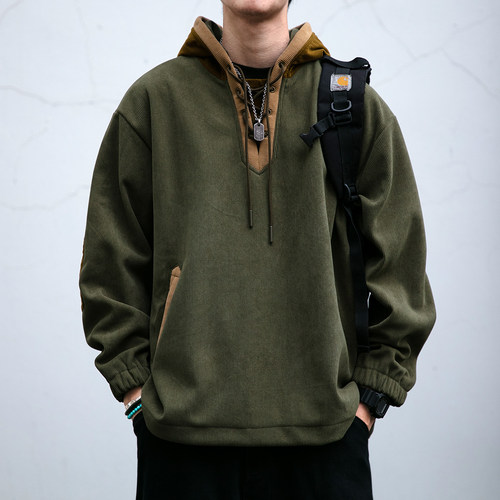美式复古质感坑条灯芯绒撞色连帽卫衣男秋冬百搭挺括加厚外套潮牌