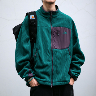 户外徒步登山摇粒绒拼接撞色立领外套男女宽松廓形保暖内胆夹克潮