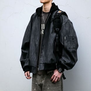 PU皮衣夹克潮 拼接纹理感短款 美式 复古假两件连帽外套男女春秋新款