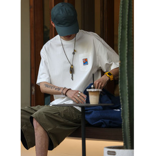 SKASEE夏季 T恤男女百搭圆领重磅260G双沙舒适棉T 刺绣贴标口袋短袖