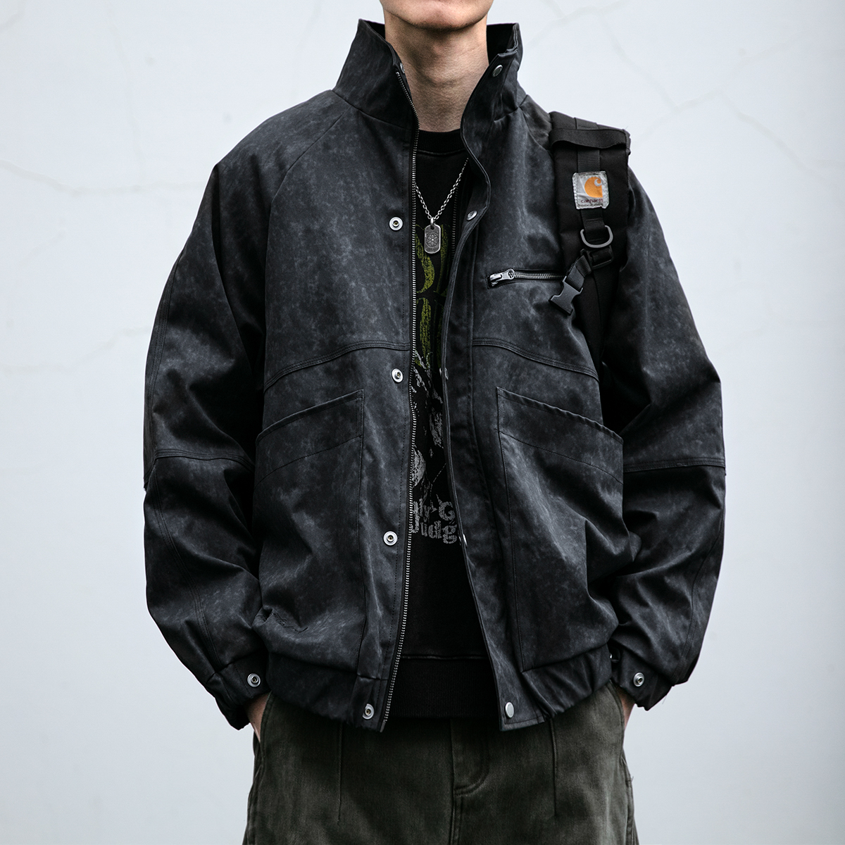 美式复古脏染大口袋拉链立领工装夹克男潮牌宽松大码防风休闲外套