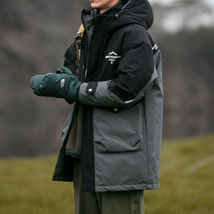 日系潮牌秋冬户外严寒保暖防水防风连帽外套 白鸭绒羽绒服男中长款