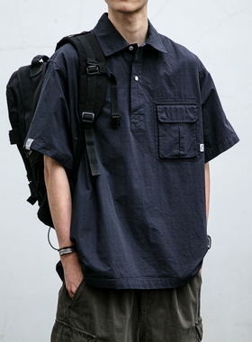 日系复古工装套头短袖衬衫男夏季潮牌户外潮流宽松休闲衬衣外套潮
