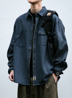 美式复古成衣水洗条纹牛仔衬衫男重磅挺阔宽松翻领衬衣工装外套潮