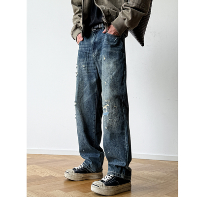 破洞补丁猫须直筒牛仔裤