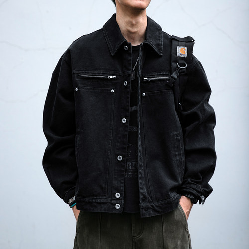 水洗做旧拉链口袋牛仔外套男