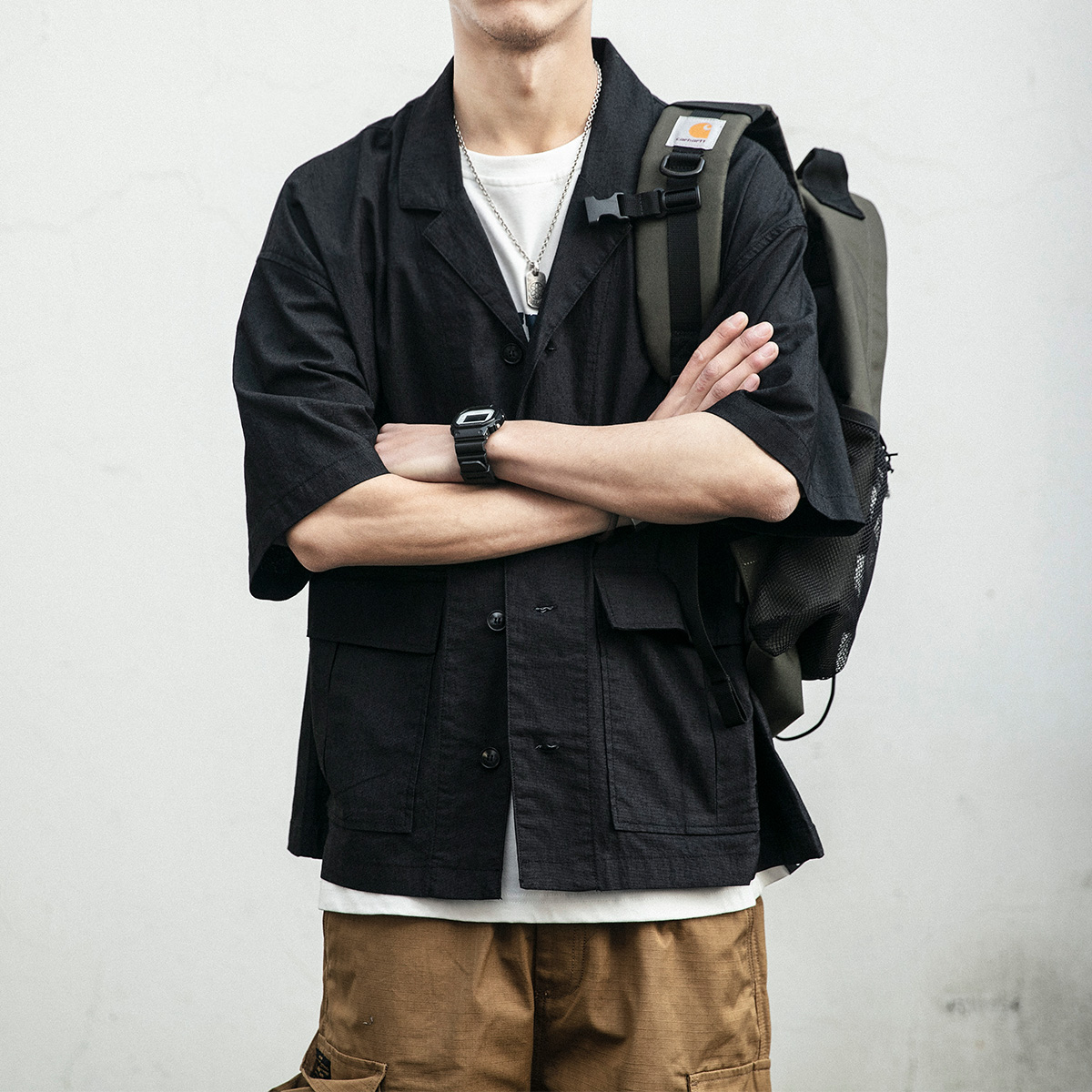 日系工装多口袋休闲衬衣潮流潮牌