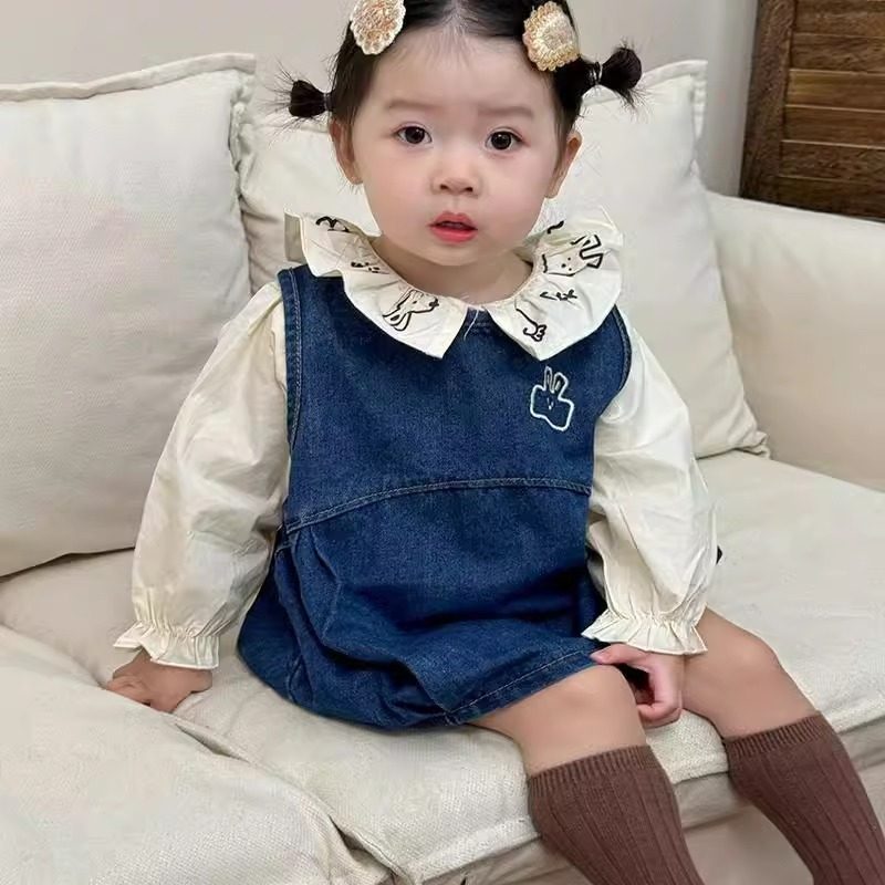 早秋装新款婴幼儿女童牛仔连衣裙韩版翻领刺绣衬衫背带裙两件套装