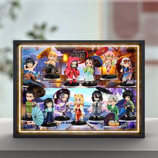 适用鬼灭之刃梅雨系列Q款手办无限城篇盲盒场景相框带灯光收纳盒