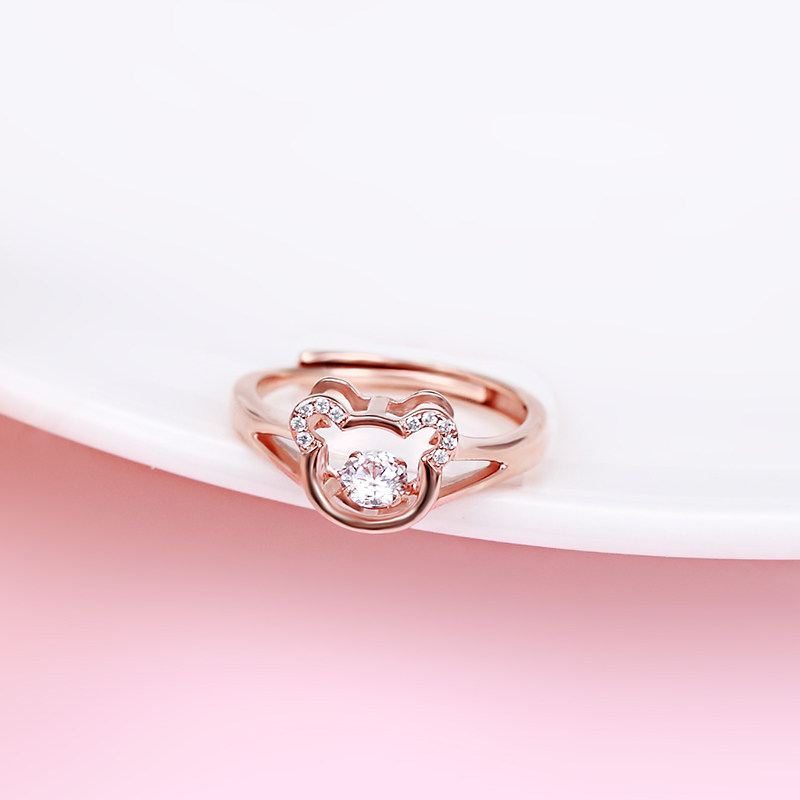 纯银开口戒指 玫瑰金色灵动镶钻小熊戒指指环可爱 s925银戒指活口