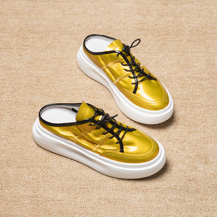 个性原创包头半拖鞋女松糕厚底系带真皮银色后抽绳室外凉拖