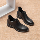 裸靴女粗跟平底真皮小短靴加绒秋冬季 保暖复古英伦风后拉链小皮鞋