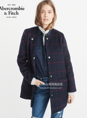 美国正品abercrombie fitch 女af无领羊毛混纺外套毛呢大衣186572