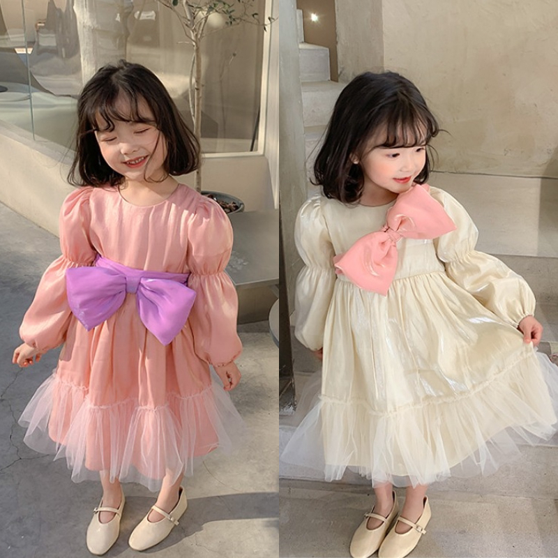 女童连衣裙2022新款春秋款蝴蝶结粉色儿童宝宝小女孩礼服公主裙子