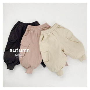 纯棉男女童口袋长裤 新款 韩版 子 宽松束脚裤 裤 儿童休闲工装 2025秋季