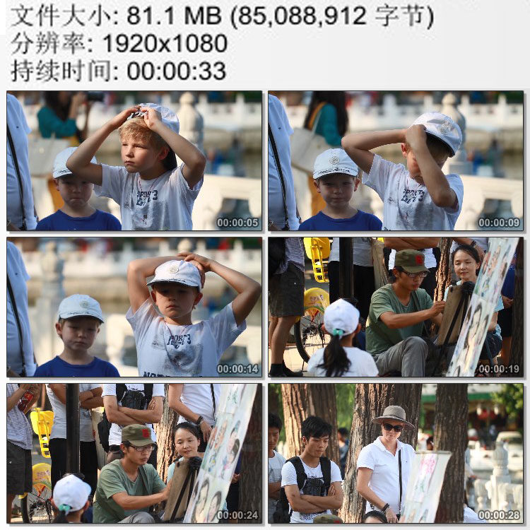 外国小朋友来中国旅游街头地摊画像 群众围观 高清实拍视频素材